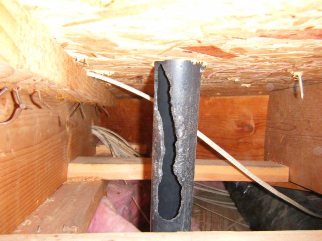 Rodents chewed through pipe in attic. 